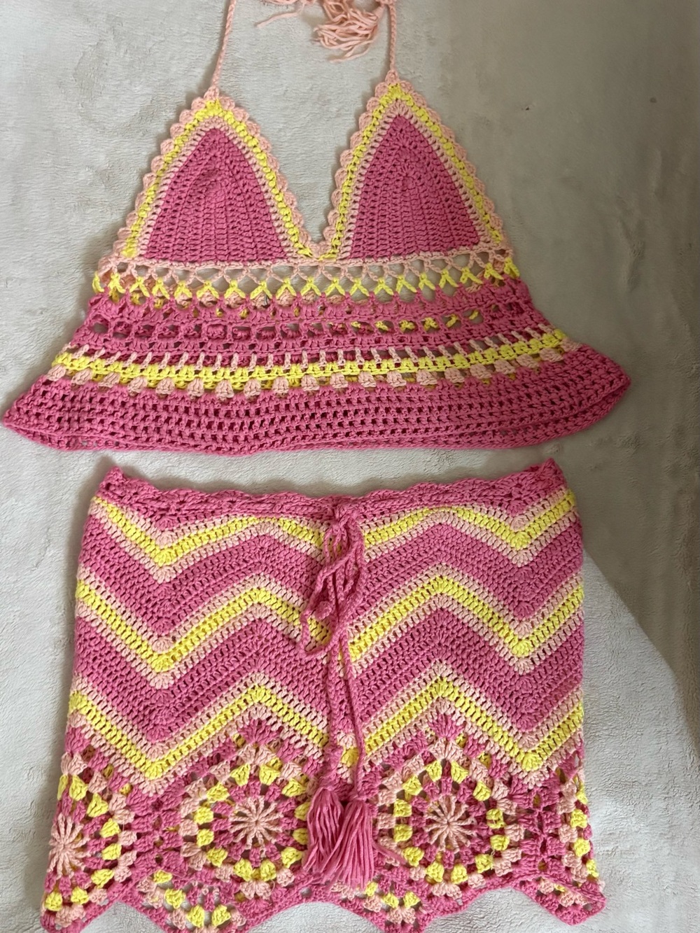 Crochet Pink Yellow Swimsuit Cover Up Set Boho Beach Cover-Up Festival Y2K